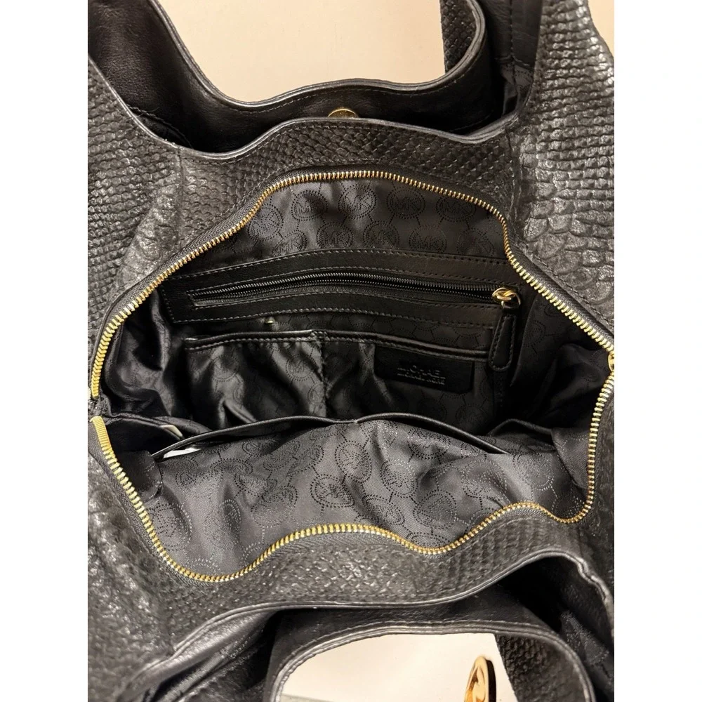 MICHAEL KORS Black Python Snake Embossed Leather Hobo Shoulder Bag MK Charm